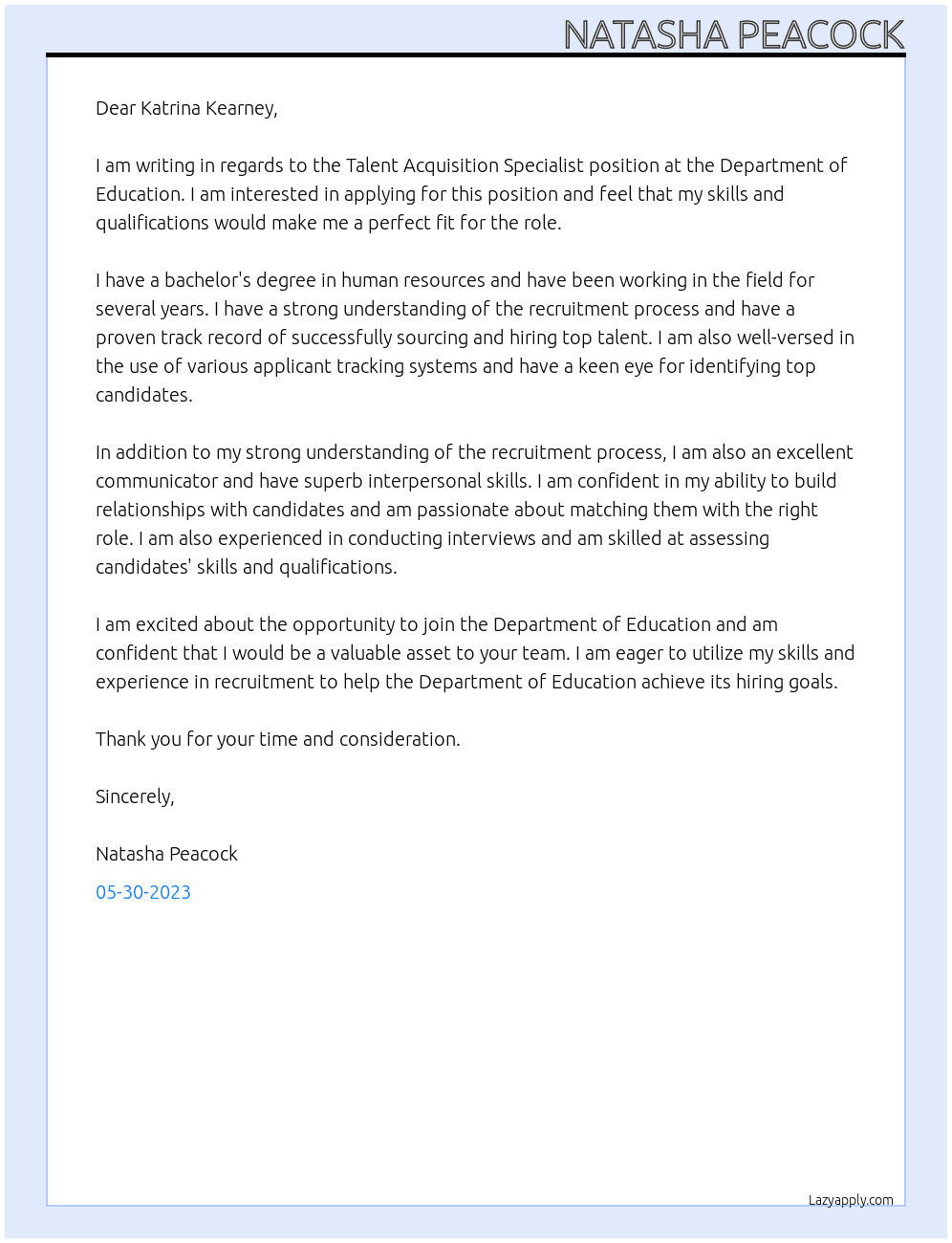 Talent Acquisition Specialist  At Department of Education  Cover Letter