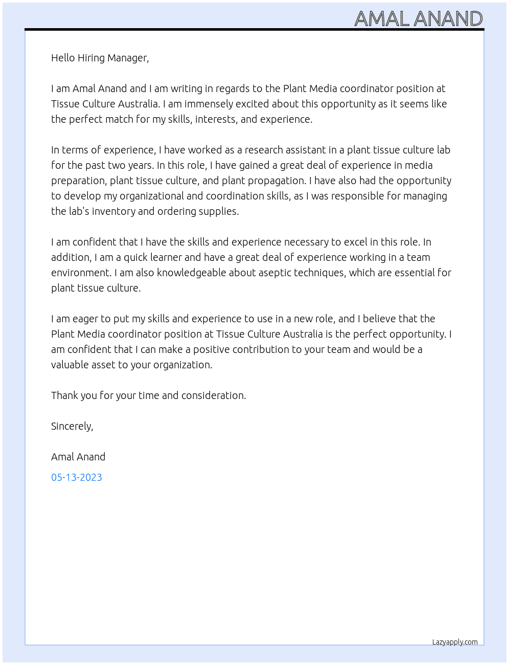 Plant Media coordinator At Tissue Culture Australia  Cover Letter