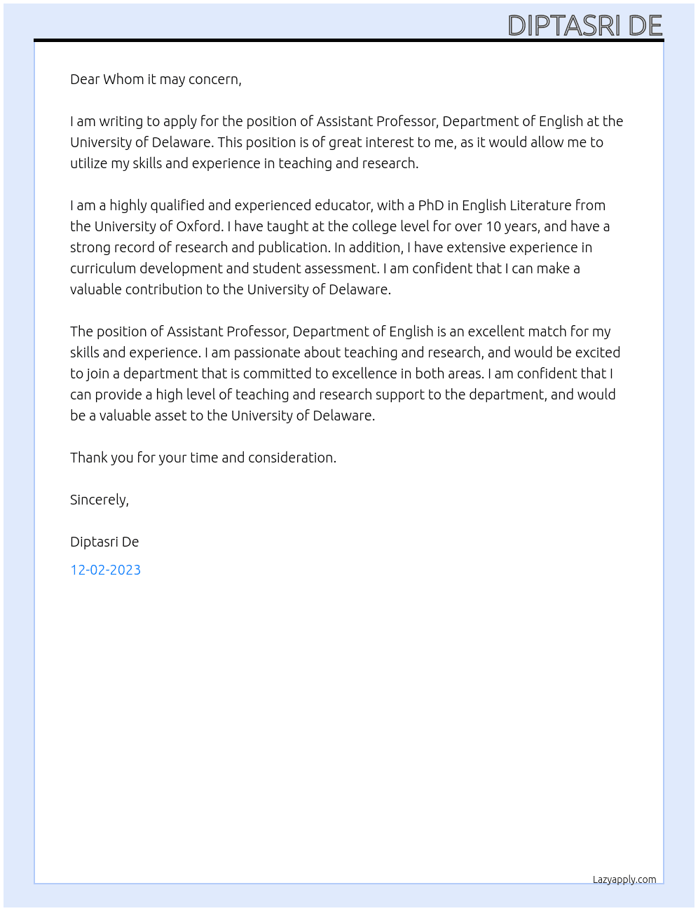Assistant Professor, Department of English At University of Delaware Cover Letter