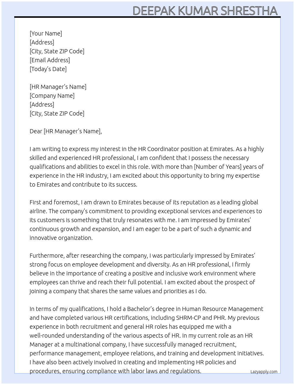 HR Coordinator  At Emirates  Cover Letter