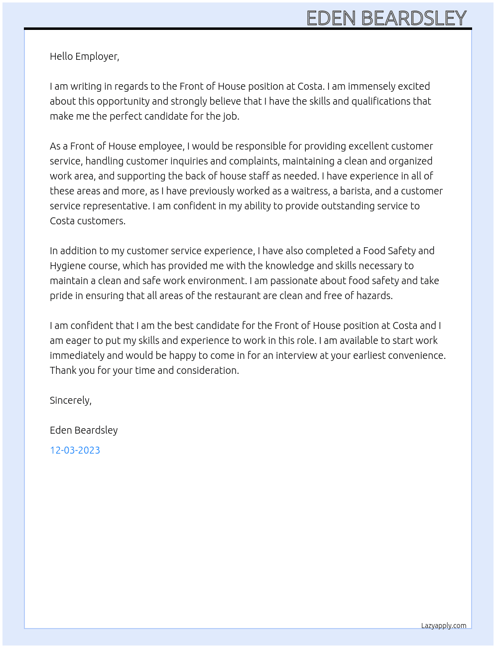 Front of House  At Costa Cover Letter