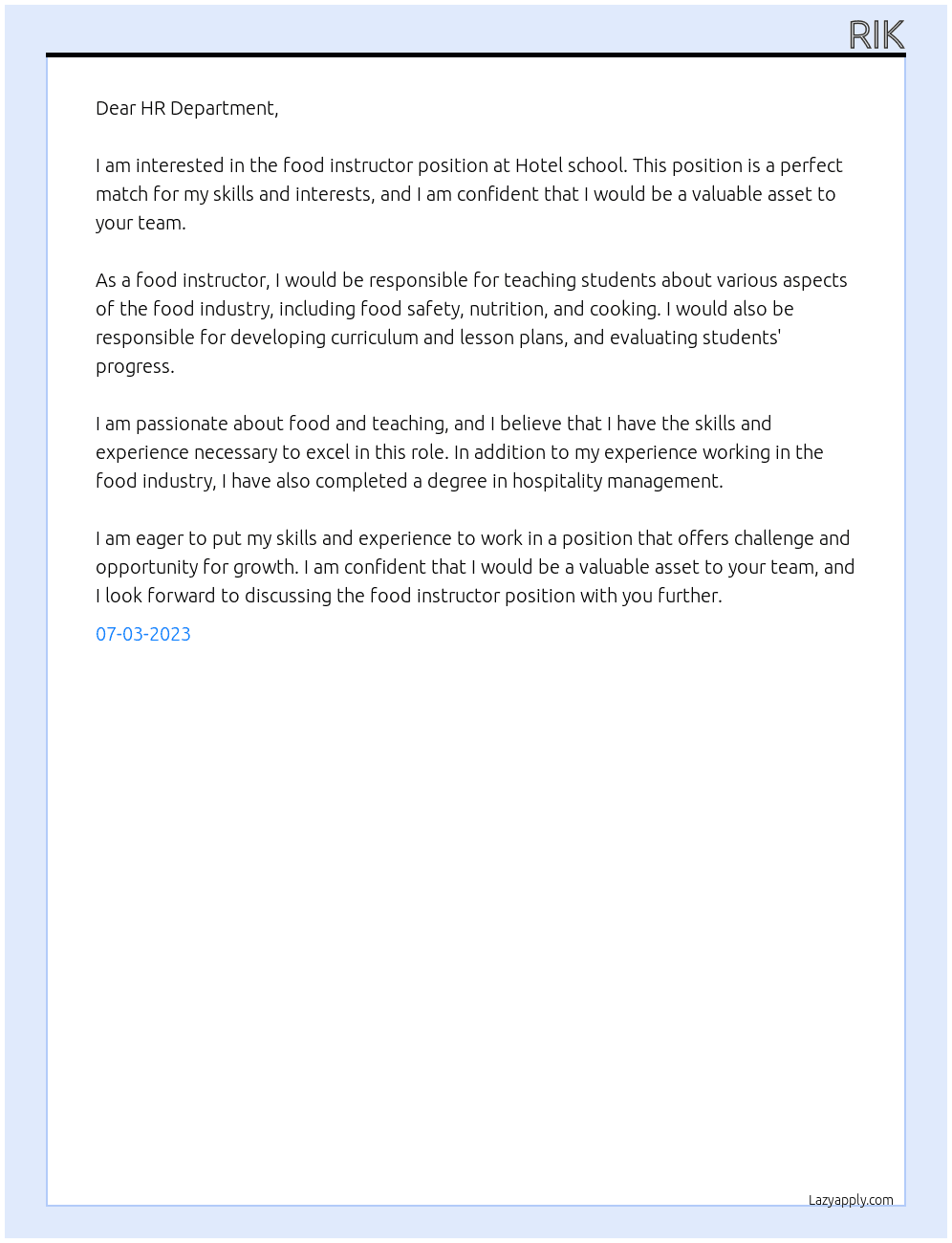 Food instructor  At Hotel school  Cover Letter