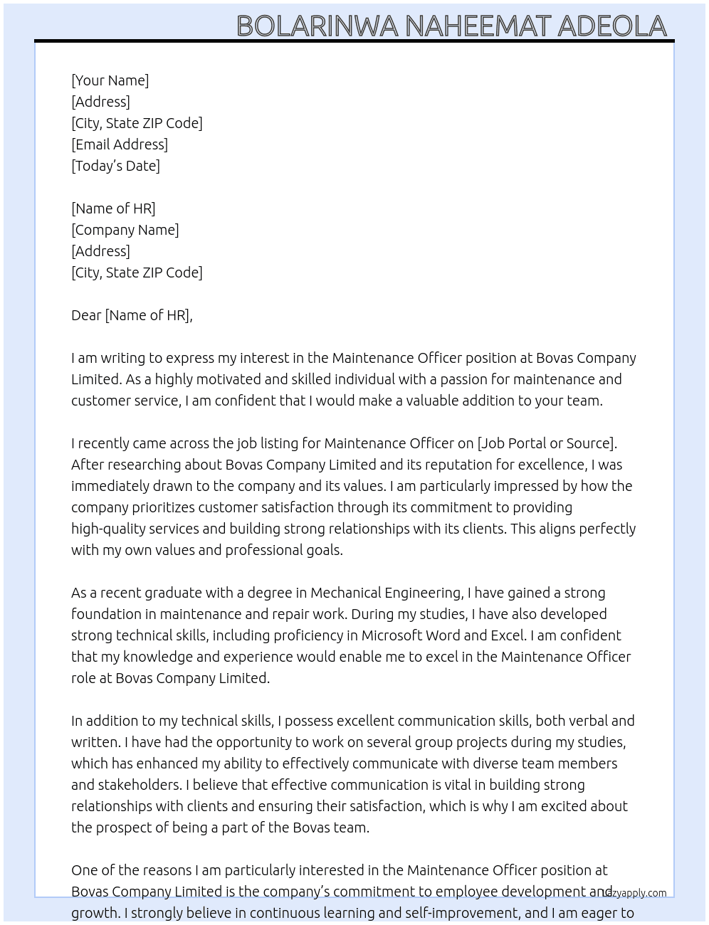 Maintenance Officer  At Bovas company limited Cover Letter