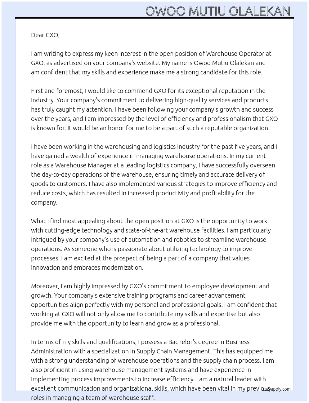 Ware house  At Ware house operator Gxo Cover Letter