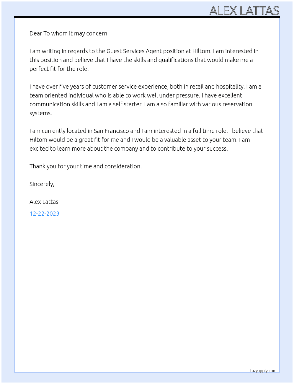 Guest Services Agent At Hiltom Cover Letter