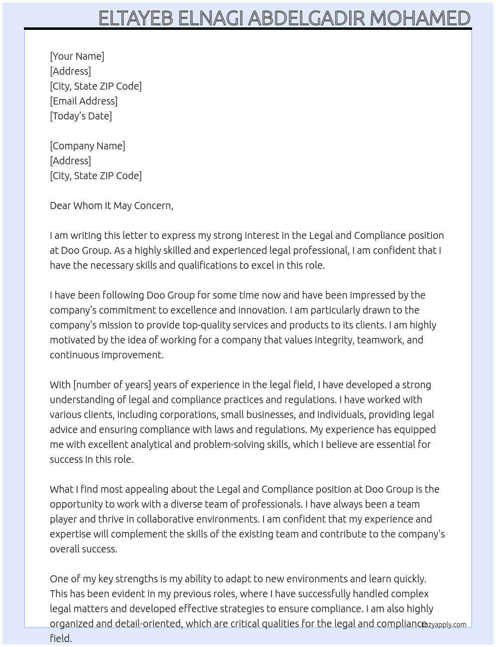 Legal and compliance At Doo Group Cover Letter