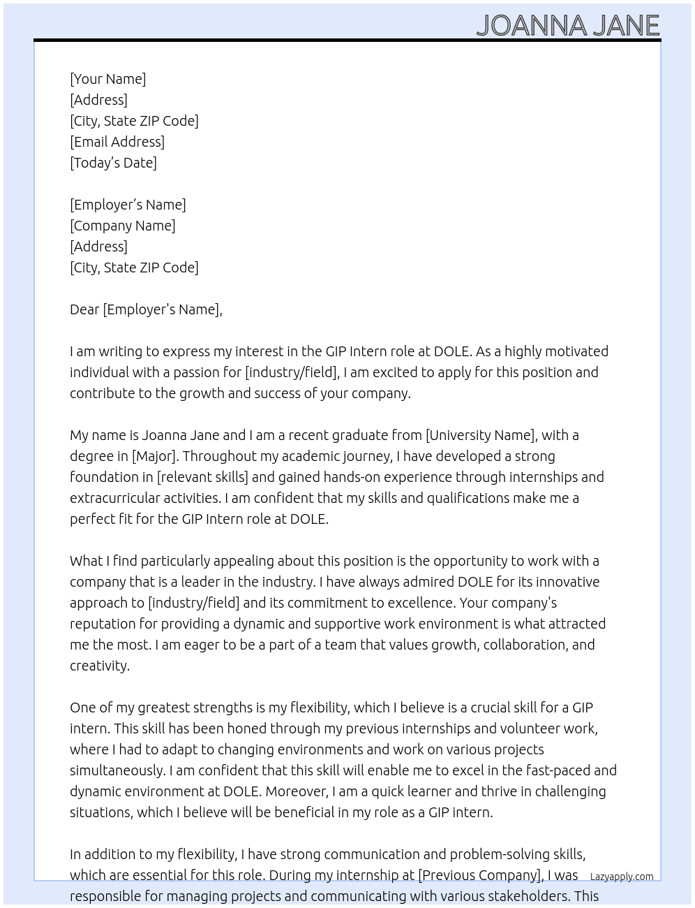 GIP jnterns At DOLE Cover Letter