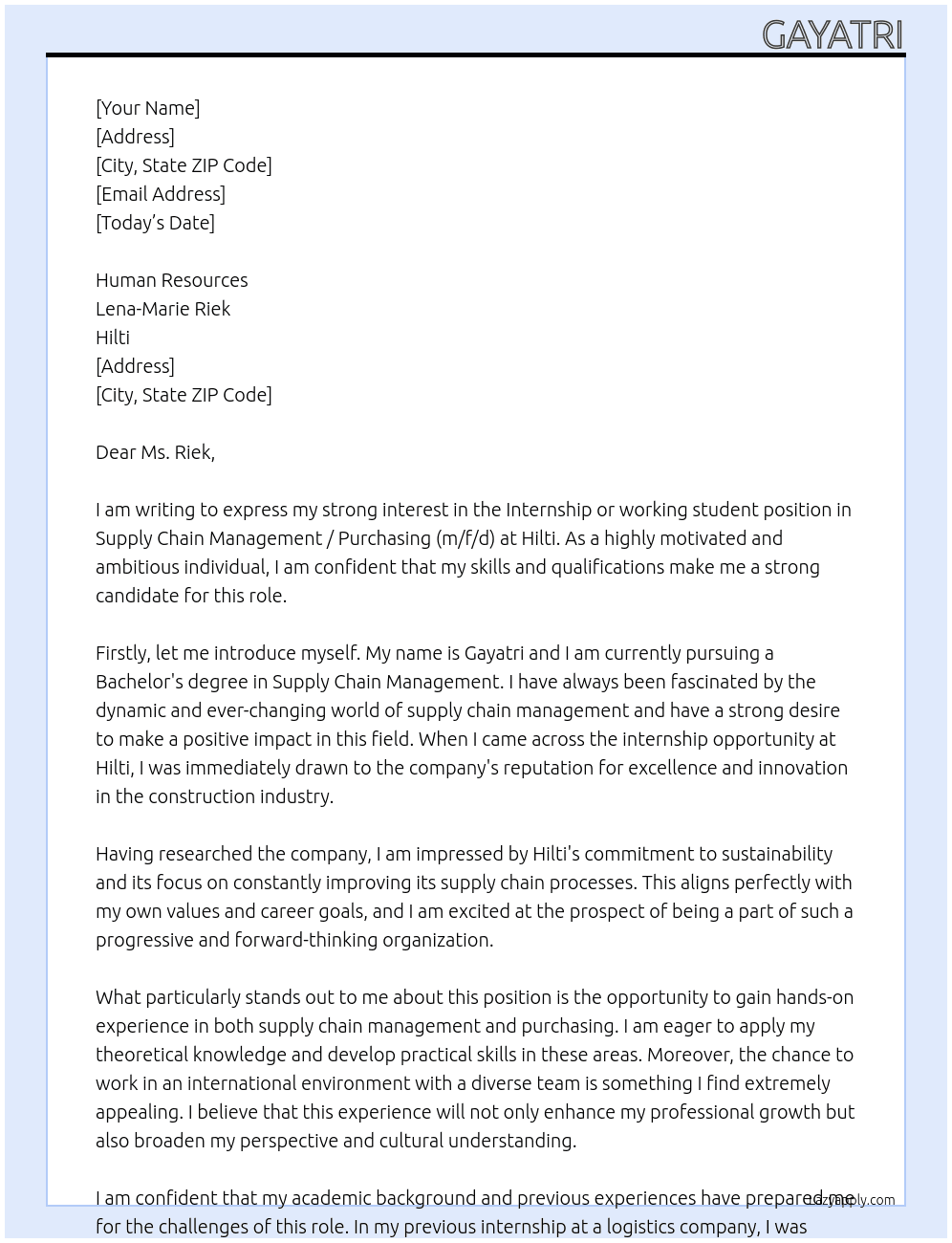Internship or working student position in Supply Chain Management / Purchasing (m/f/d) At Hilti Cover Letter