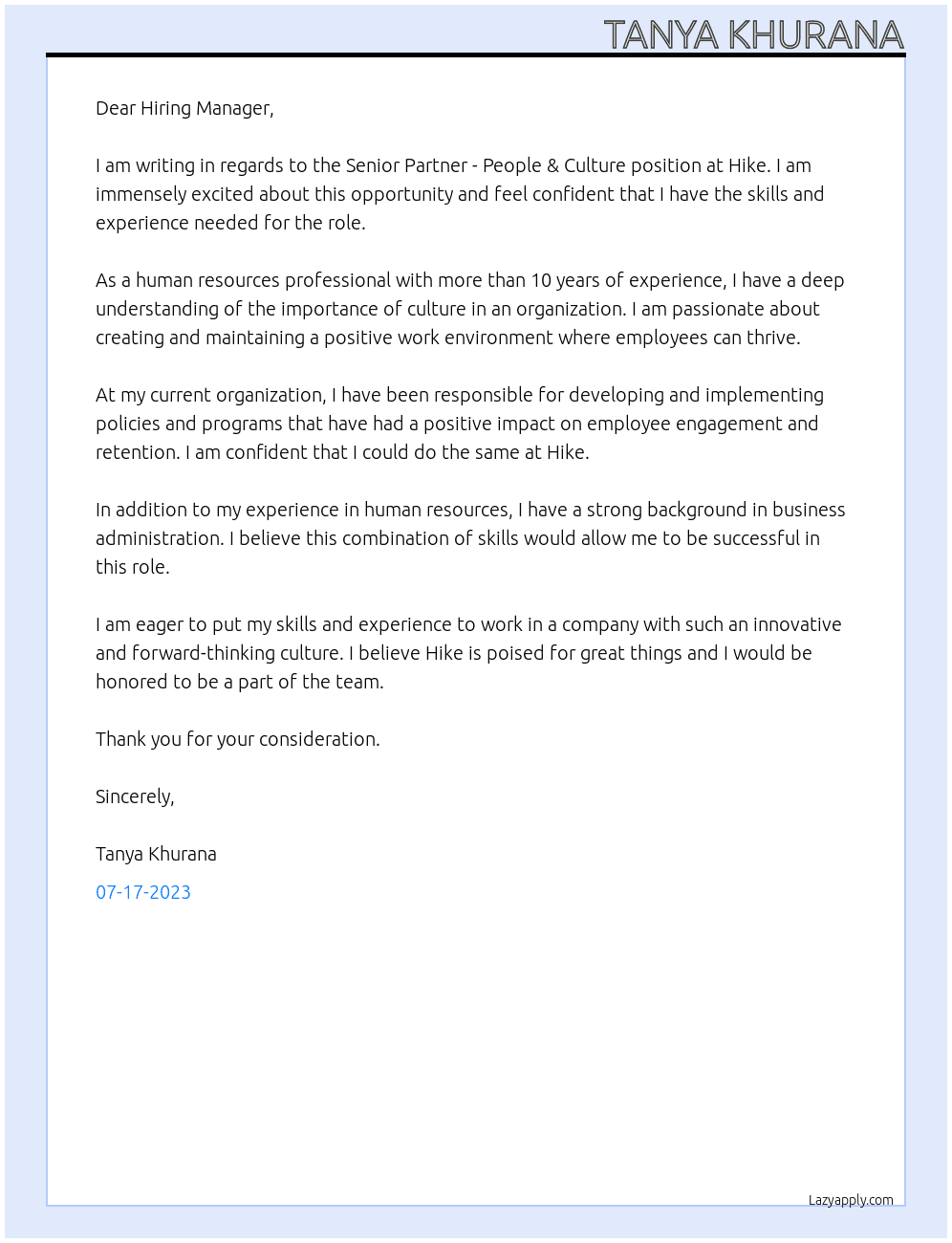 Senior Partner - People & Culture At Hike Cover Letter