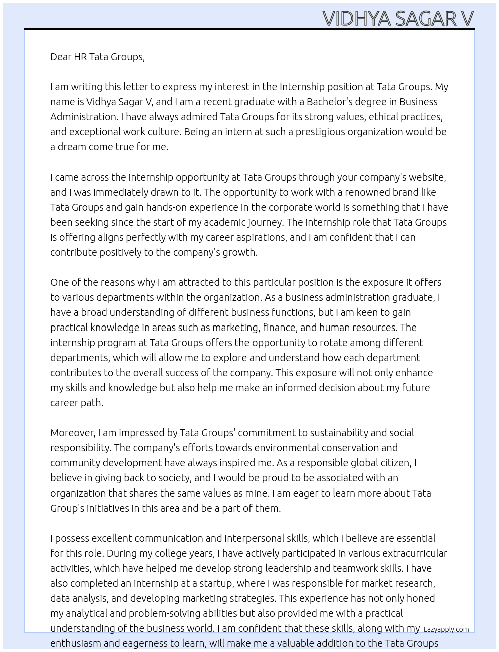 Internship  At Tata groups Cover Letter
