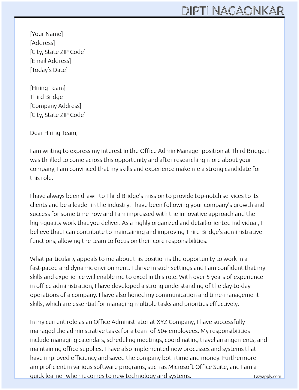 Office Admin Manager At Third Bridge Cover Letter