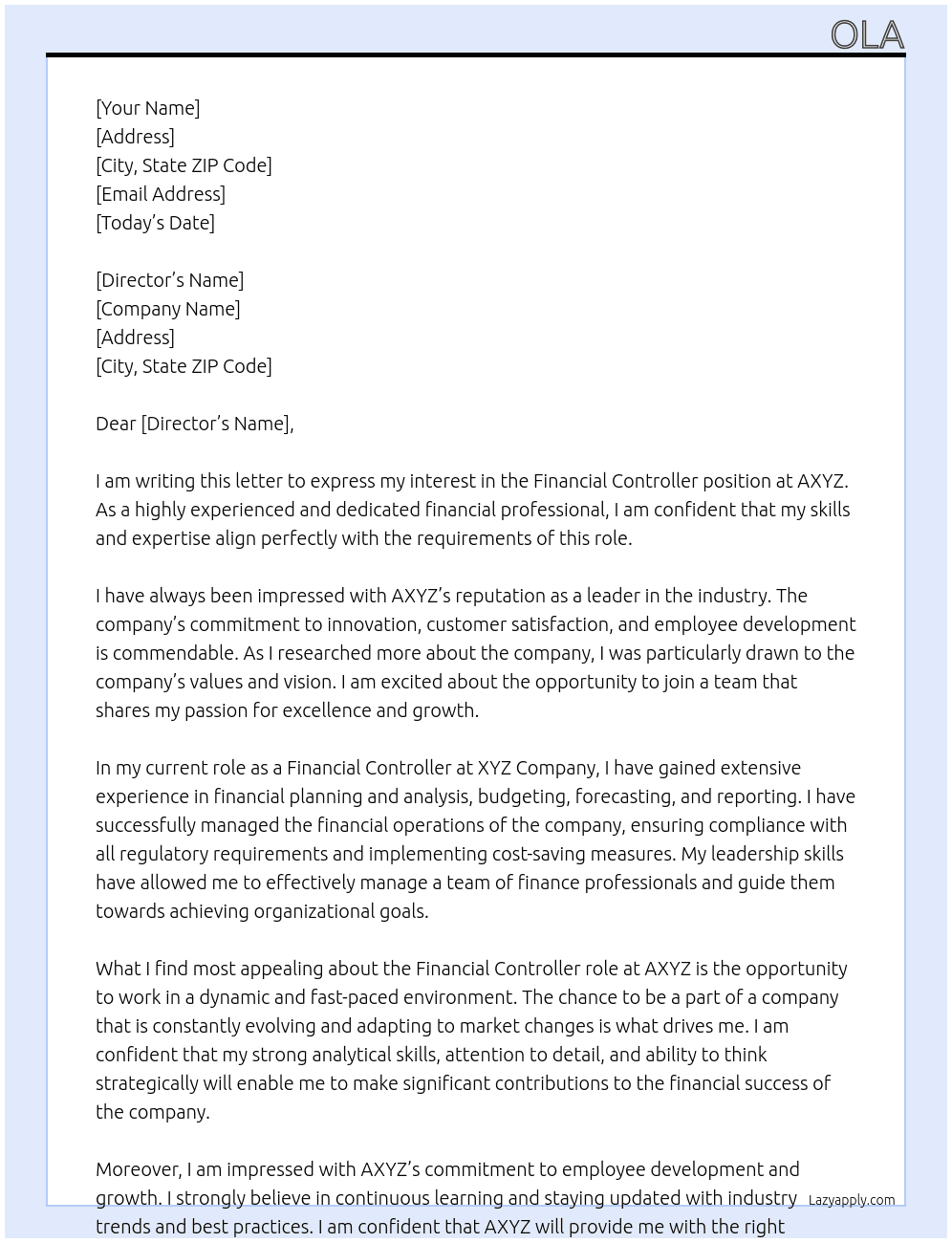 Financial Controller At AXYZ Cover Letter