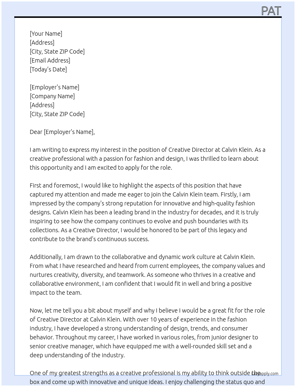 creative director At Calvin Klein Cover Letter