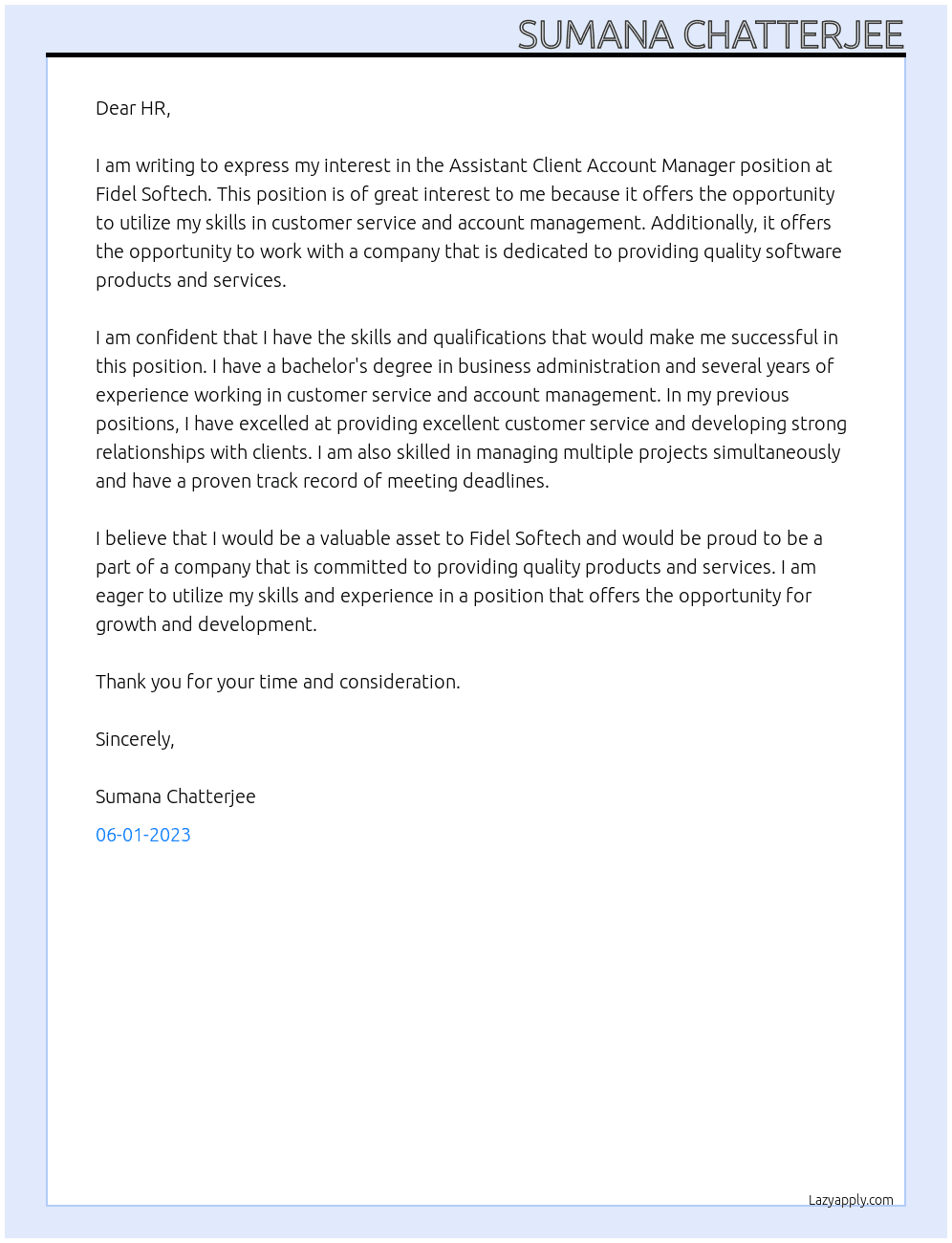 Assistant Client Account Manager At Fidel Softech Cover Letter