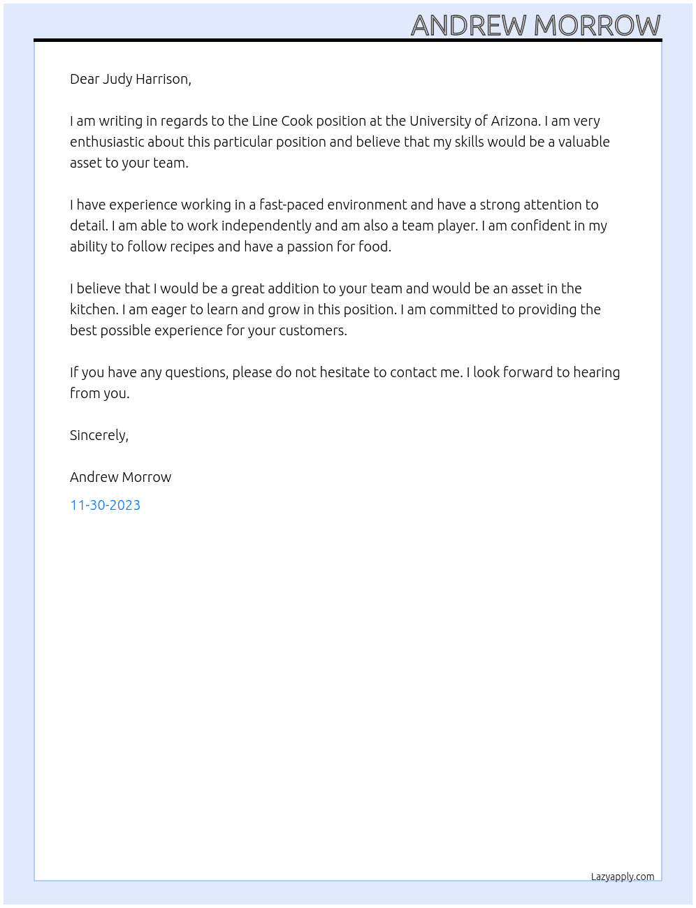 Line Cook At University of Arizona Cover Letter