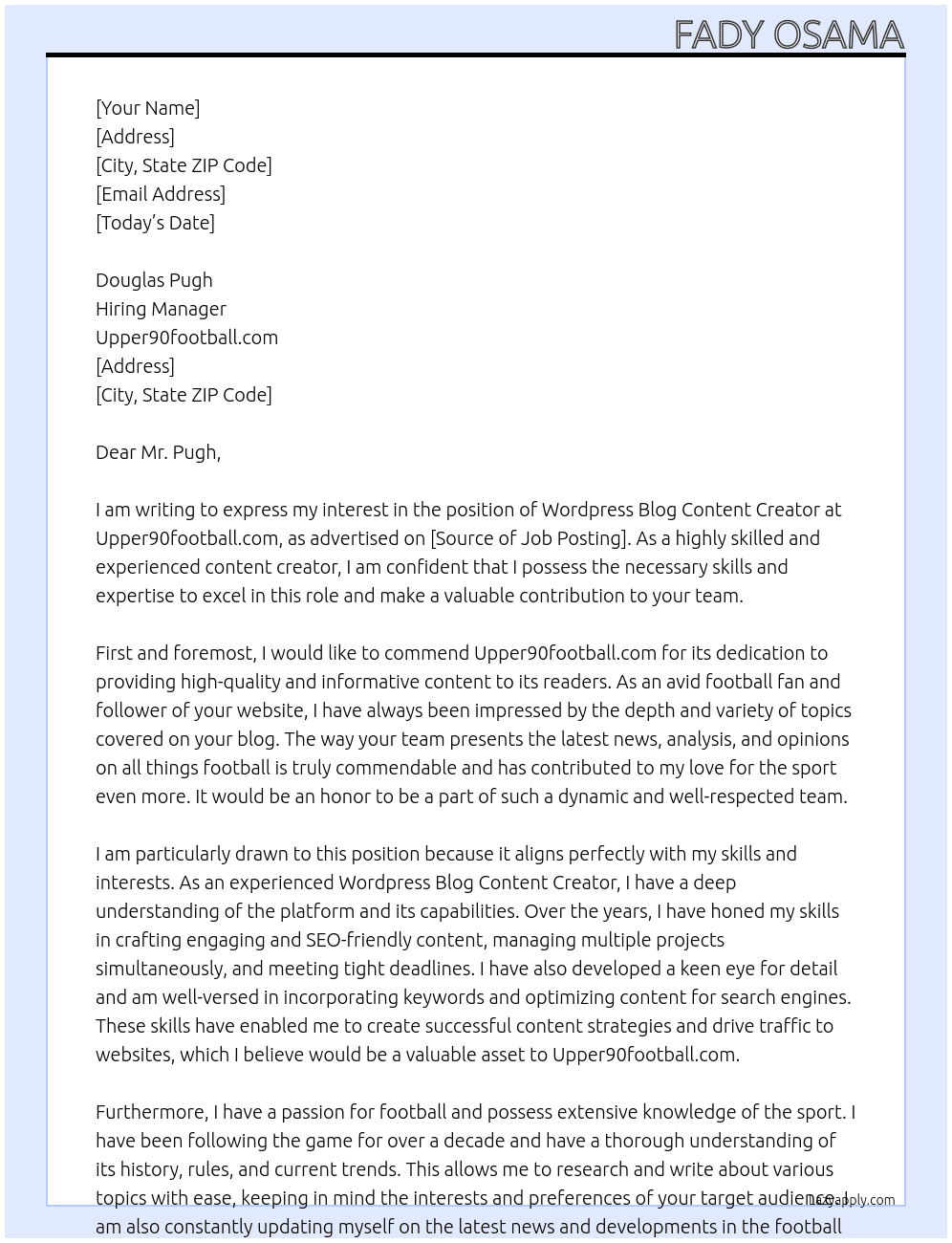 Wordpress Blog Content Creator At upper90football.com Cover Letter