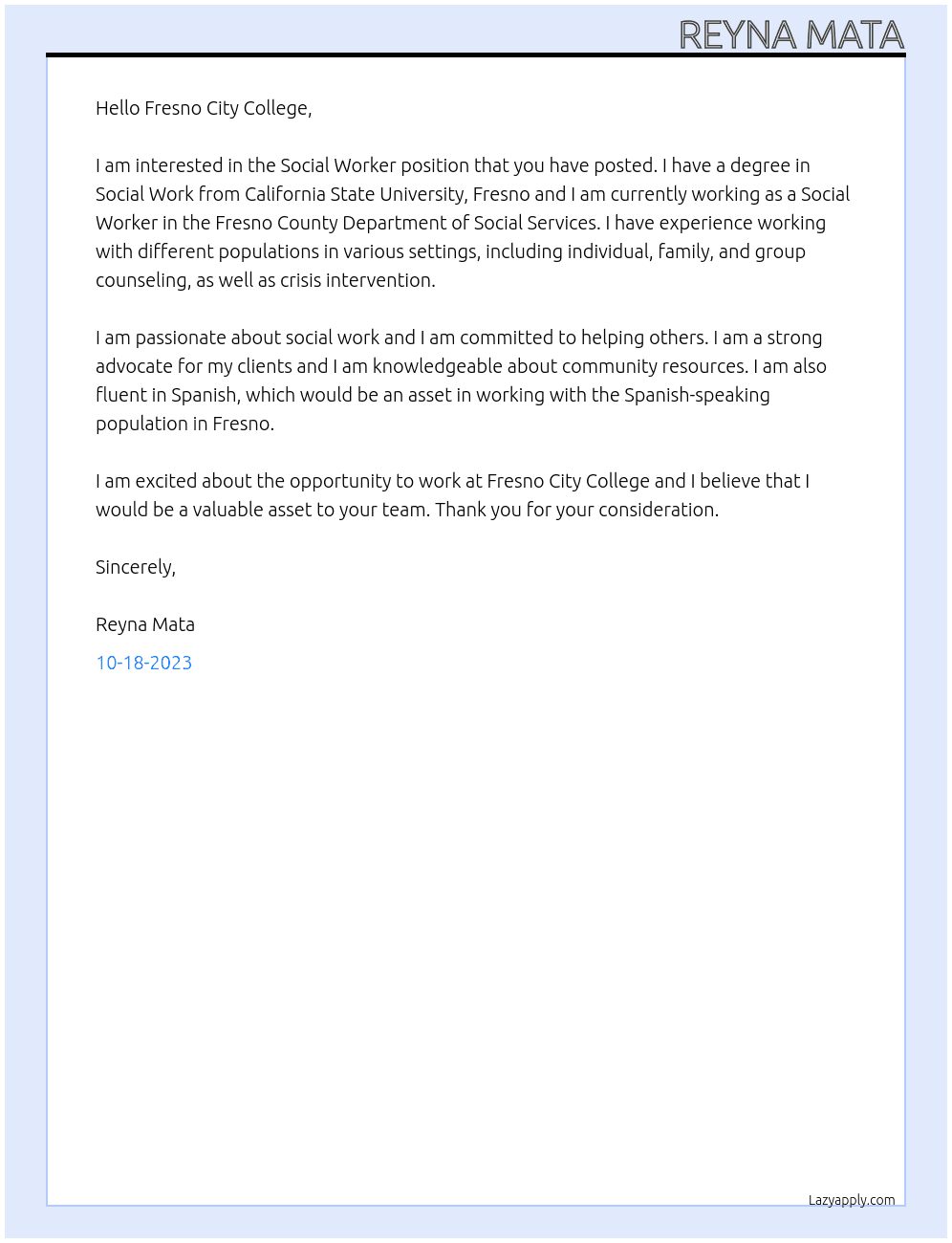 Social Worker At Fresno City College Cover Letter