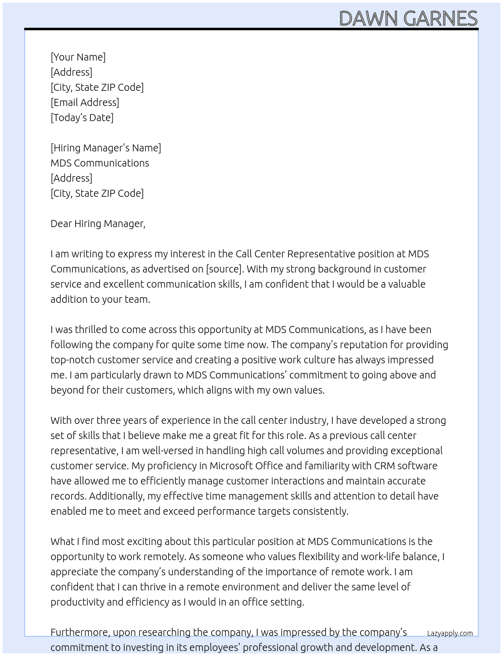 Call Center Representative At MDS Communications Cover Letter