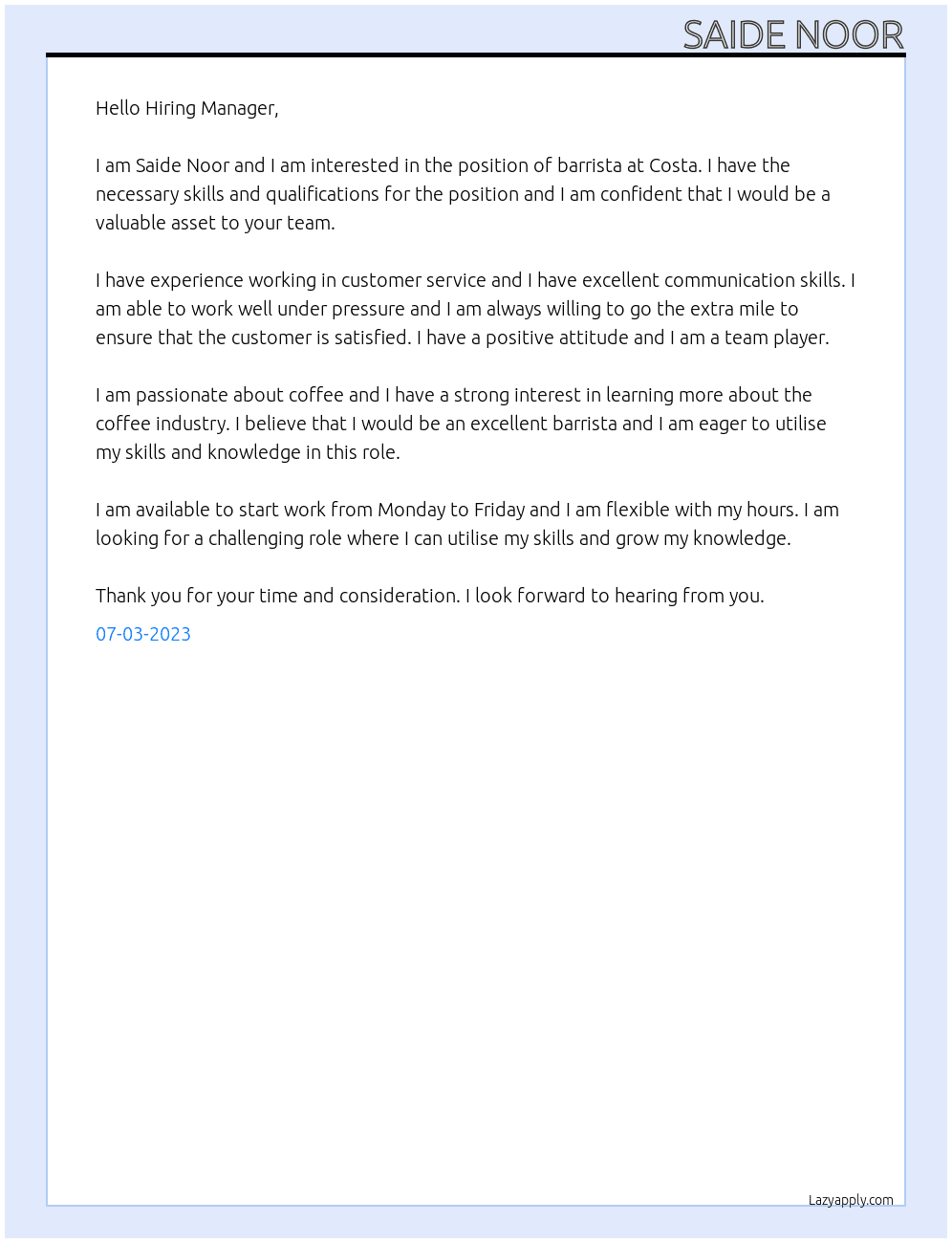 barrista At Costa Cover Letter