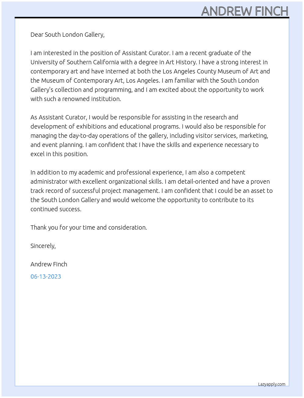 Assistant Curator  At South London Gallery  Cover Letter