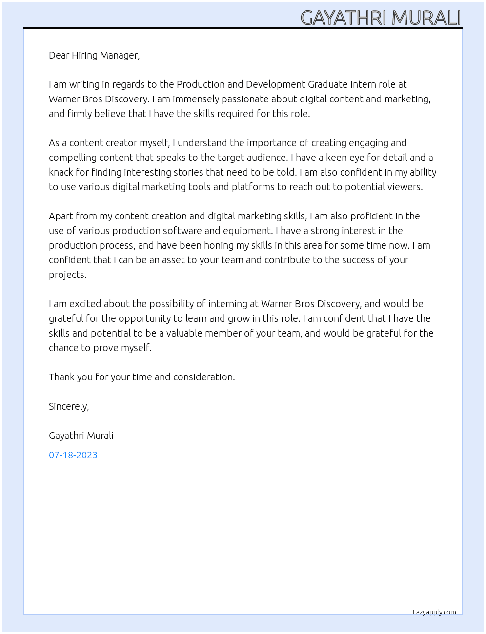 producation and Development Graduate Intern  At Warner Bros Discovery  Cover Letter