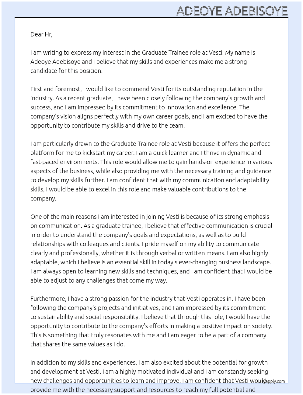 Graduate trainee At Vesti Cover Letter