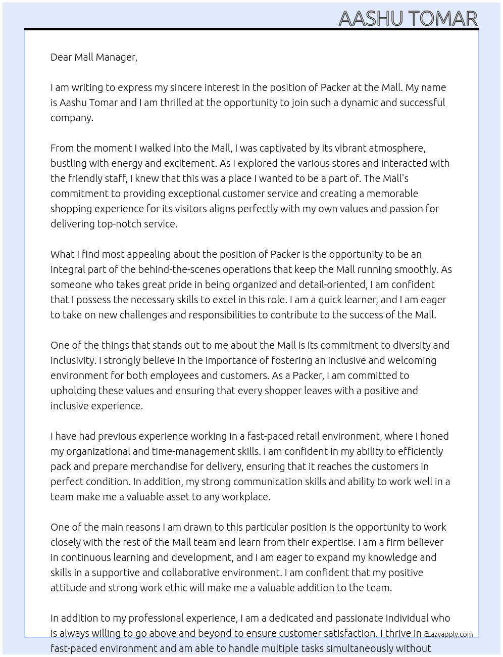 Packer At Mall Cover Letter