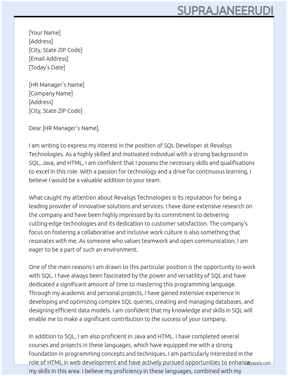 SQL developer At Revalsys Technologies Cover Letter