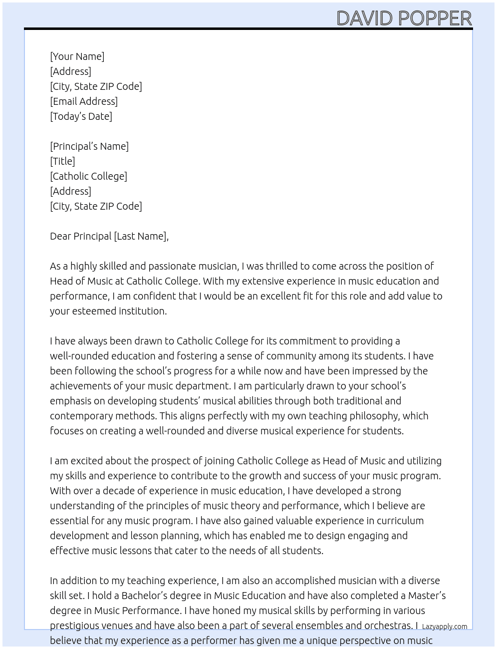 Head of Music At Catholic College Cover Letter