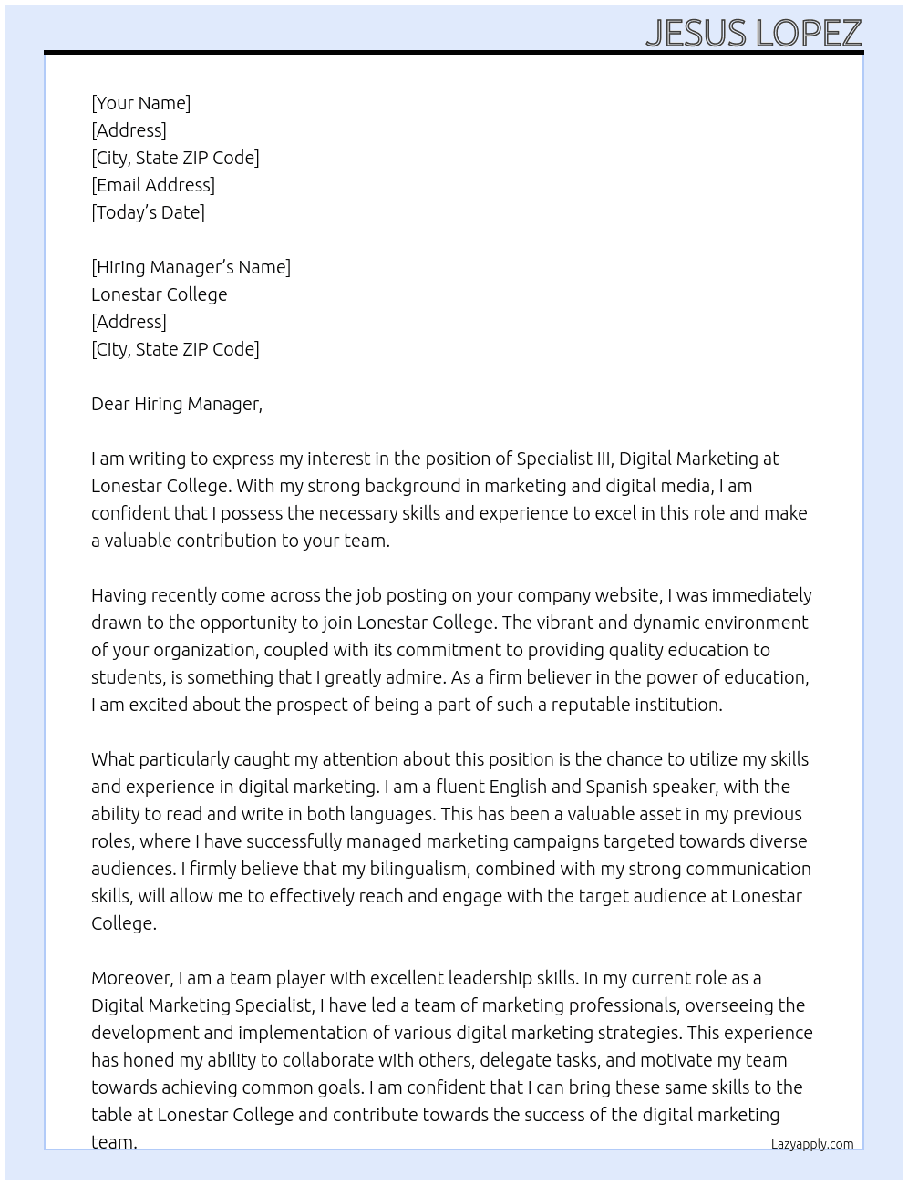 Specialist III, Digital Marketing At Lonestar College Cover Letter