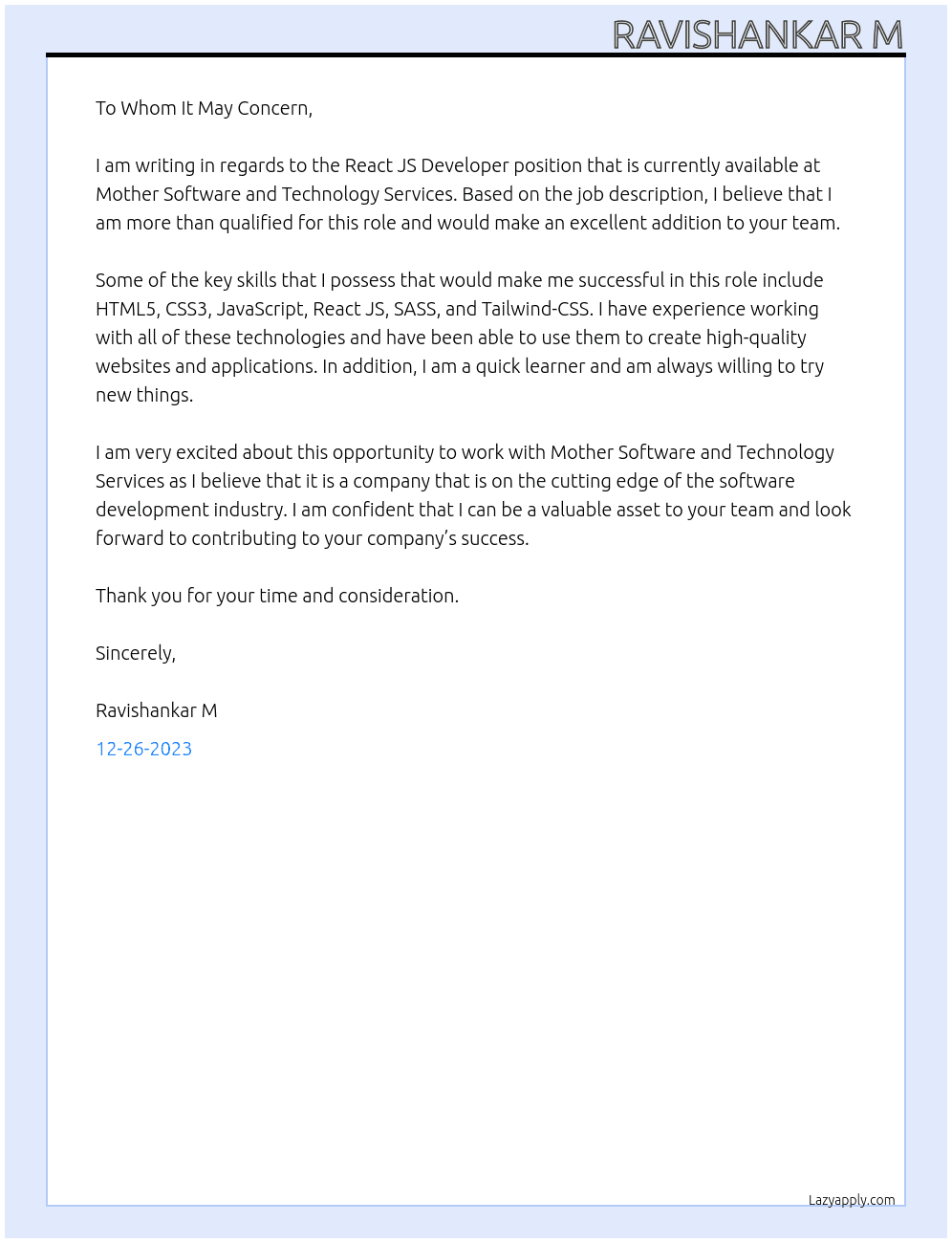 React JS Developer  At Mother Software and Technology Servi Cover Letter