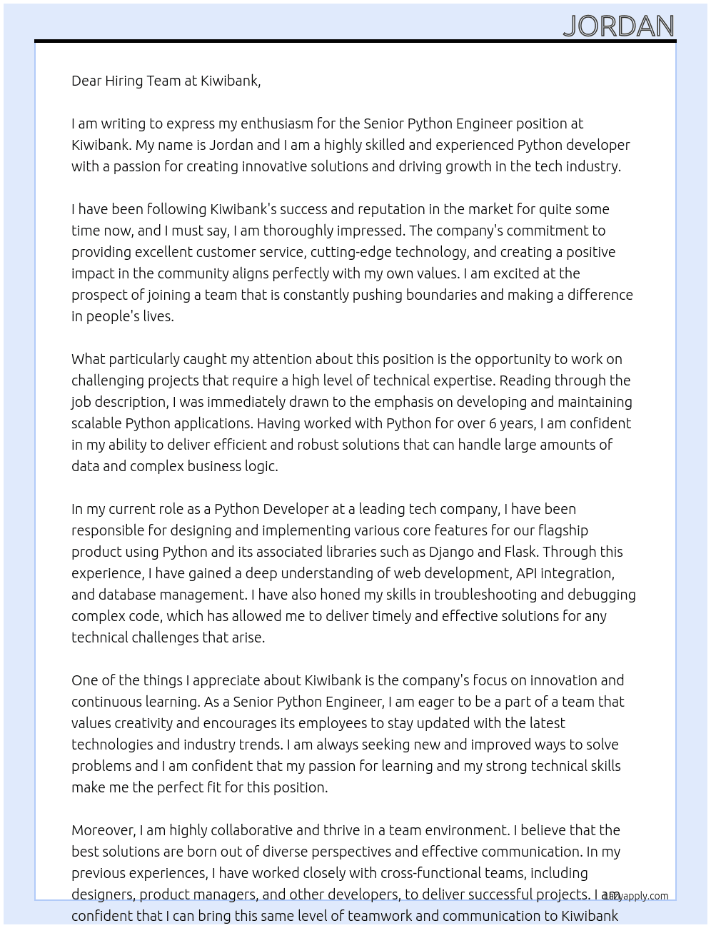 Senior Python Engineer At Kiwibank Cover Letter