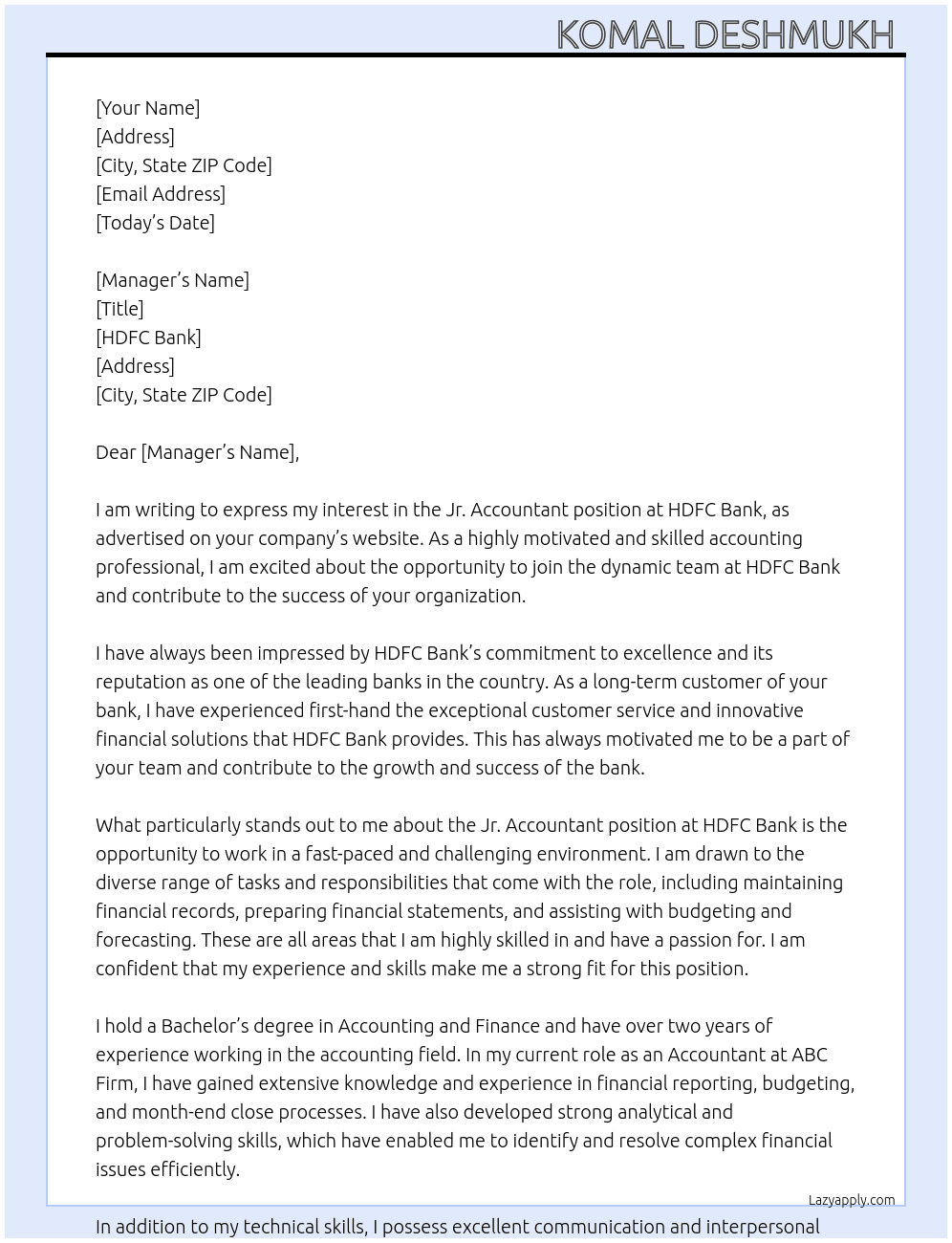 Jr. Accountant  At HDFC Bank  Cover Letter
