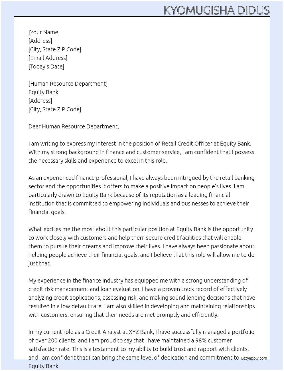 retail credit officer At Equity bank Cover Letter