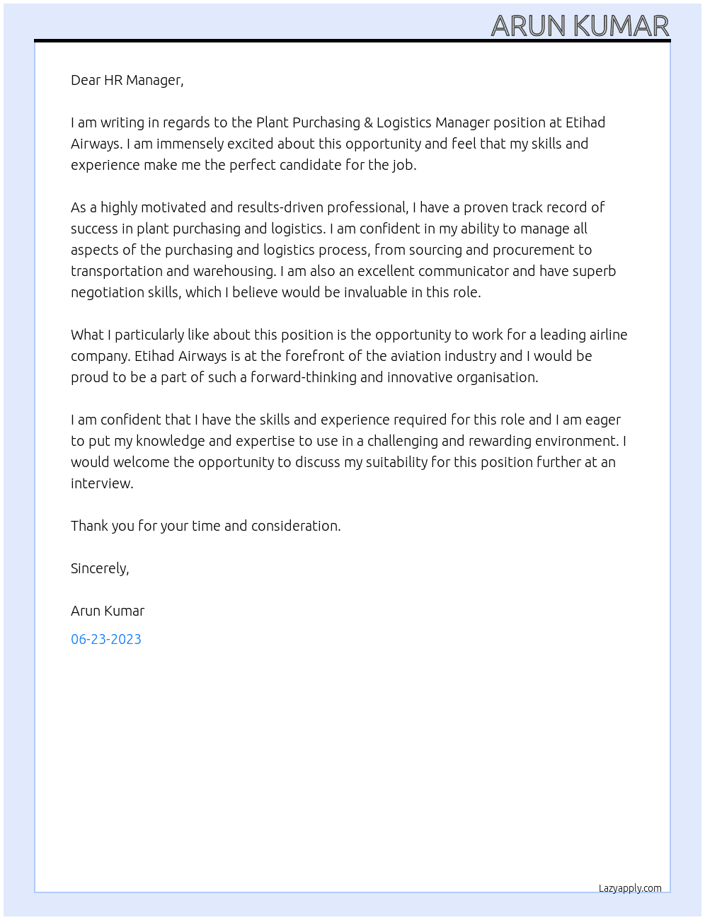 Plant Purchasing & Logistics Manager At Etihad Airways Cover Letter