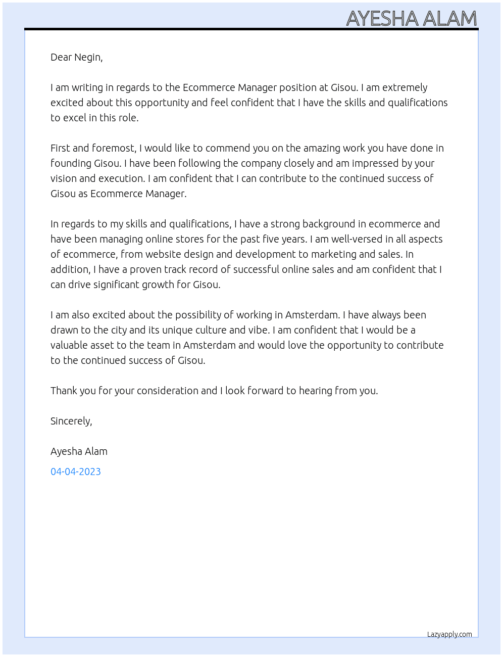 Ecommerce Manager At gisou Cover Letter