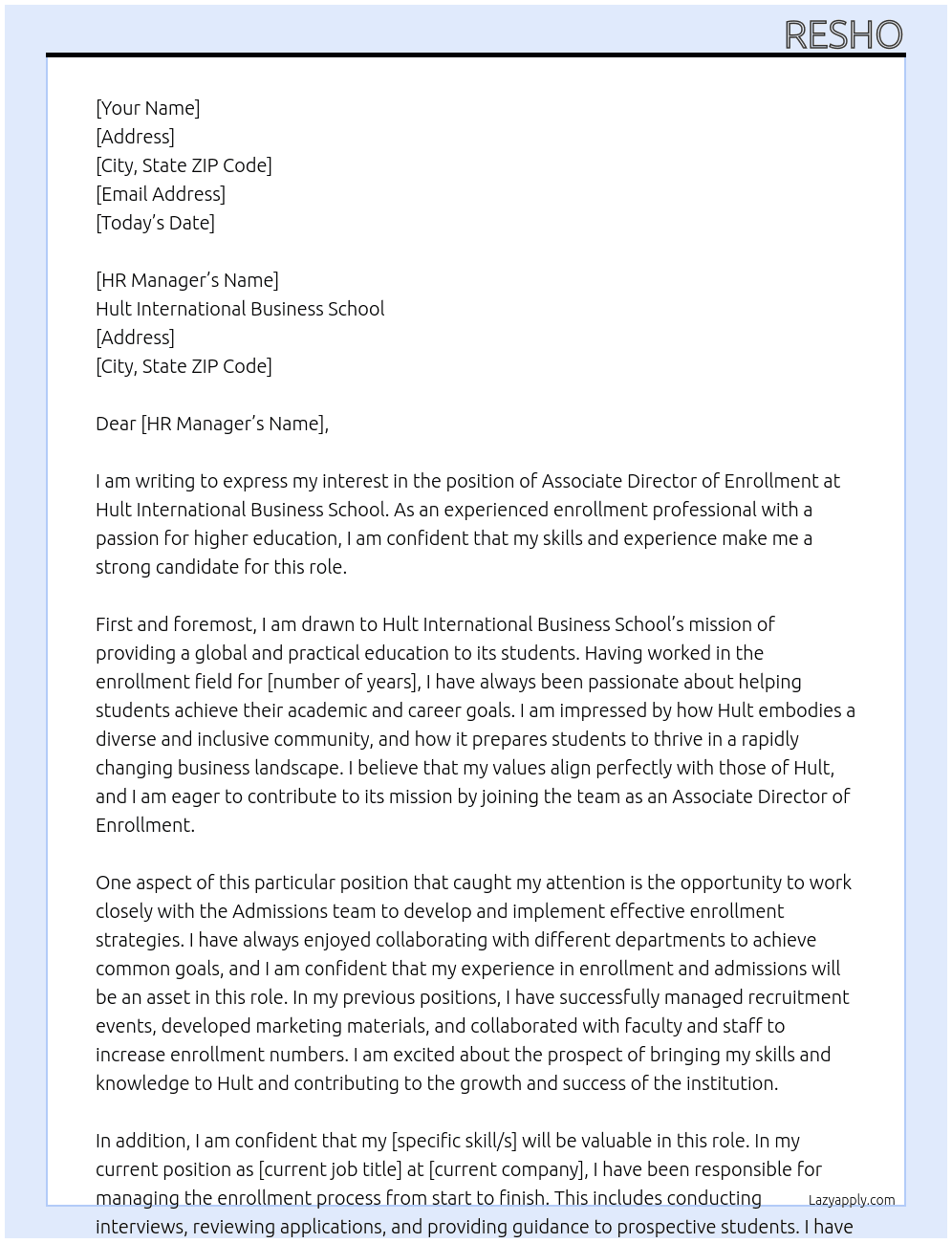 Associate Director of Enrollment At Hult International Business School Cover Letter