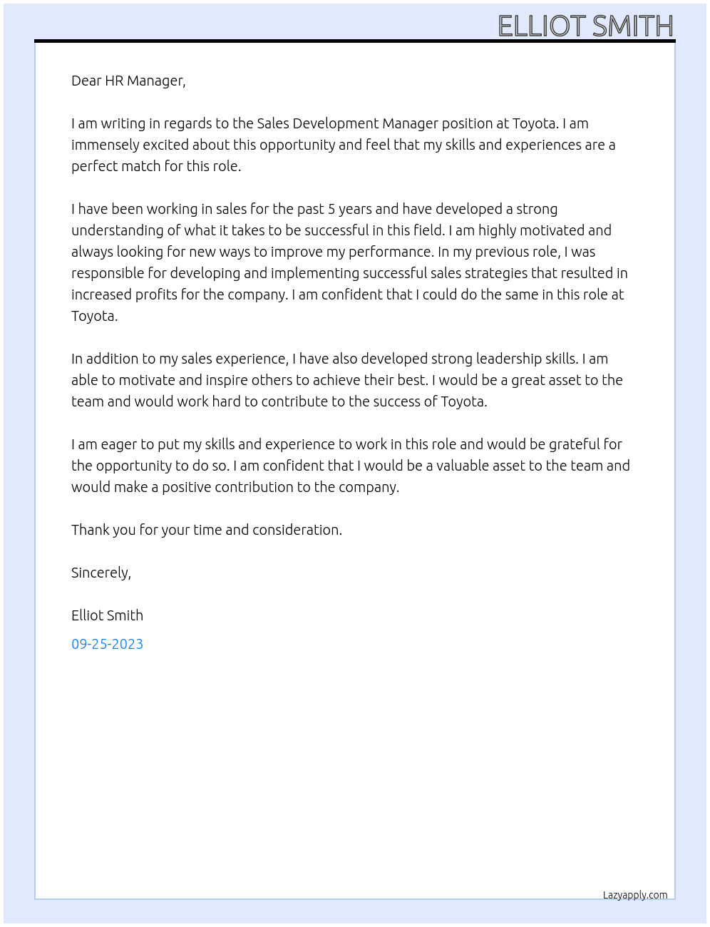 Sales Development Manager At Toyota Cover Letter