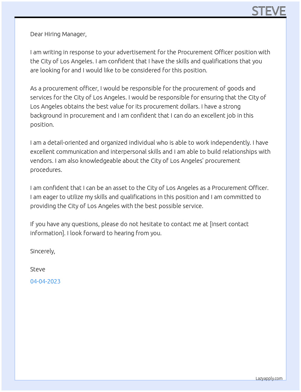 Procurement Officer At City of Los Angeles Cover Letter