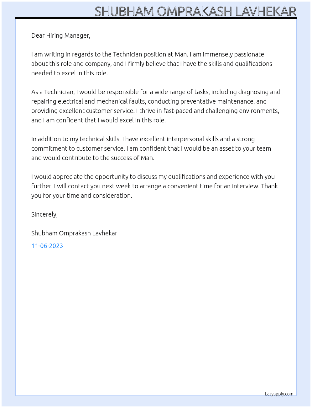 Technician  At Man Cover Letter