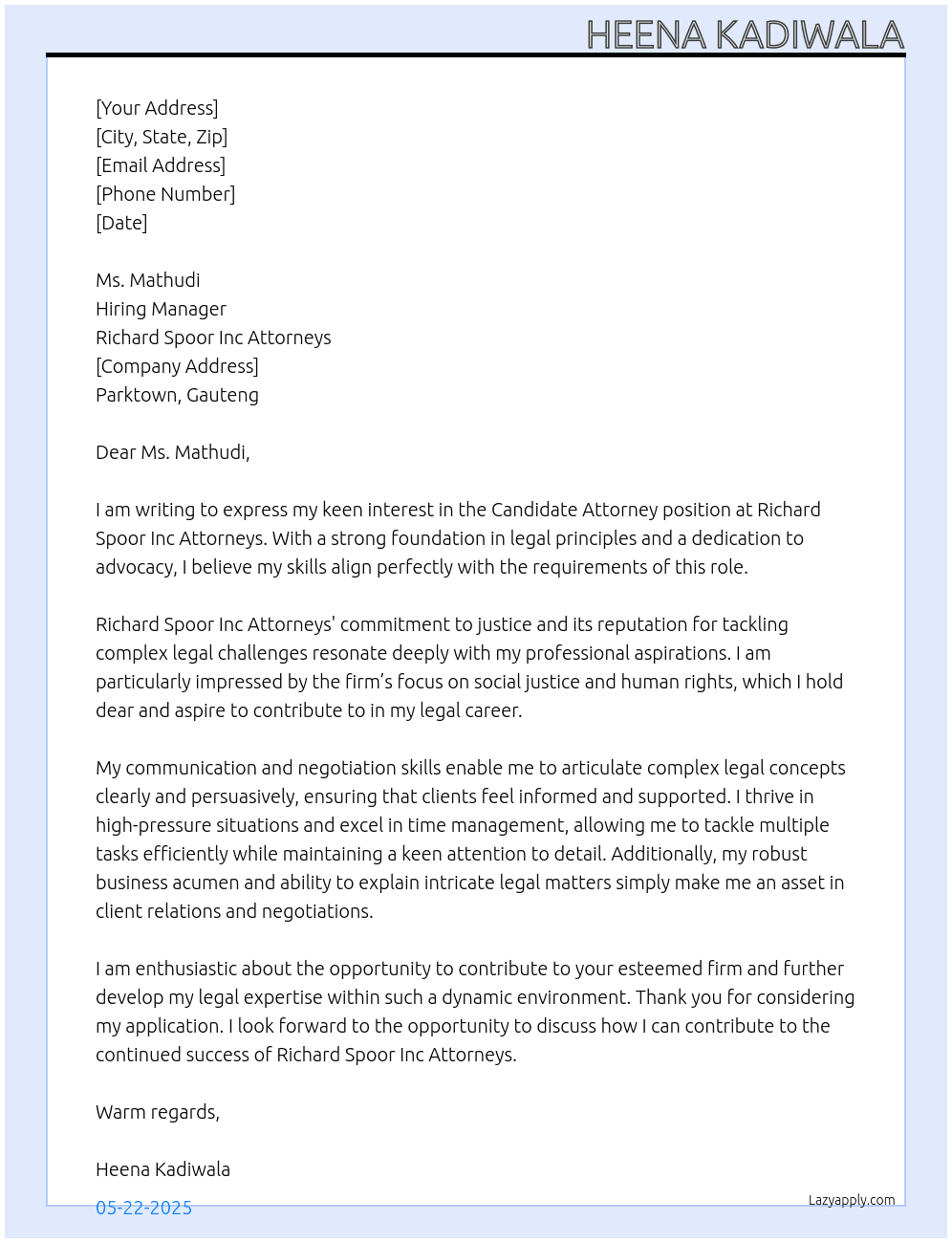 Candidate Attorney  At Richard Spoor Inc Attorneys  Cover Letter