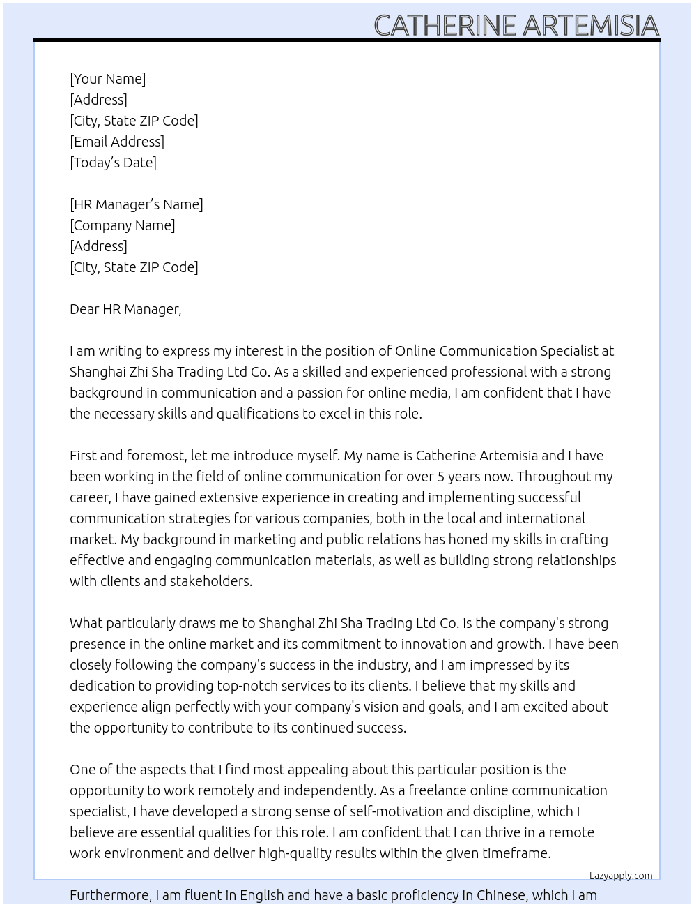 Online Communication Specialist At Shanghai Zhi Sha Trading Ltd Co. Cover Letter