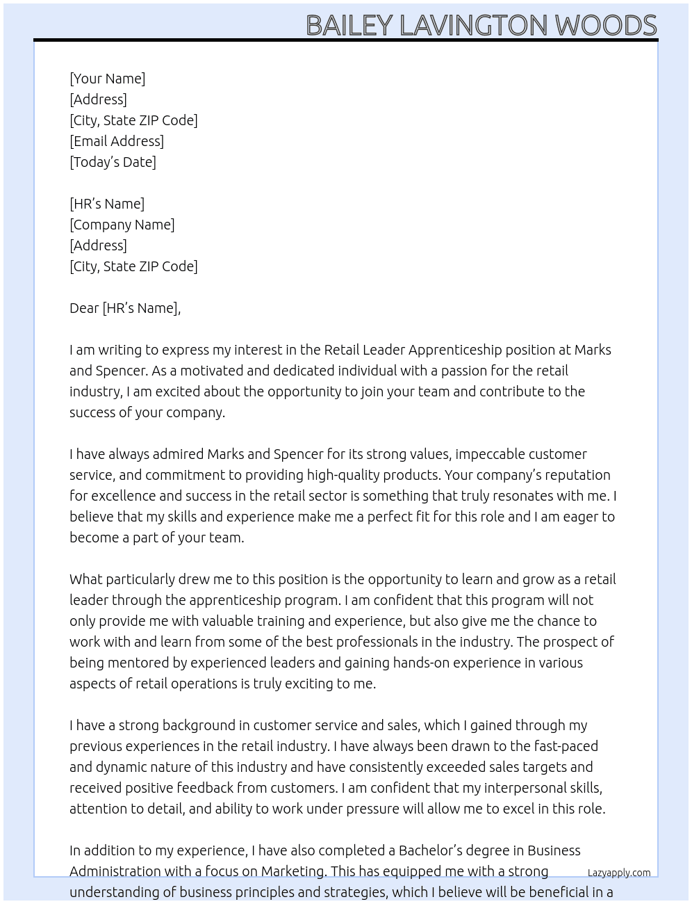 Cover letter for retail leader apprenticeship - LazyApply