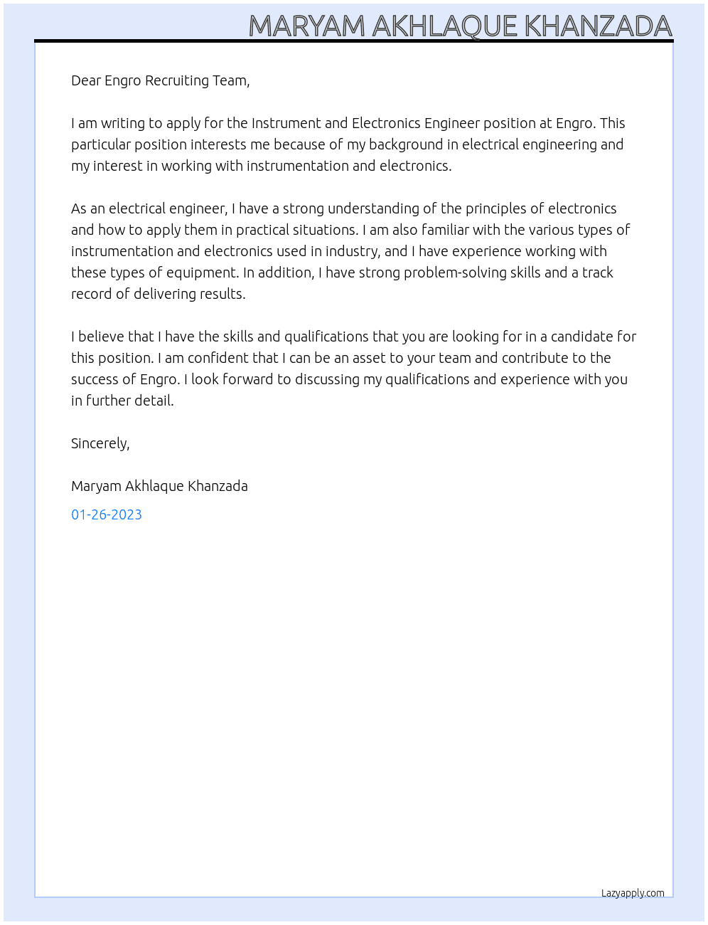 Cover letter for instrument and electronics engineer - LazyApply