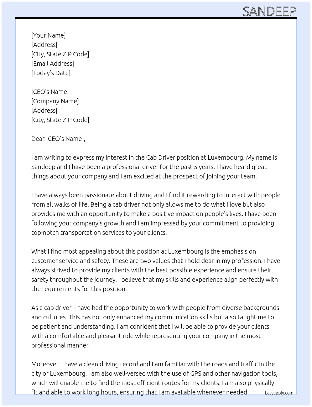 Cab driver At Luxembourg  Cover Letter