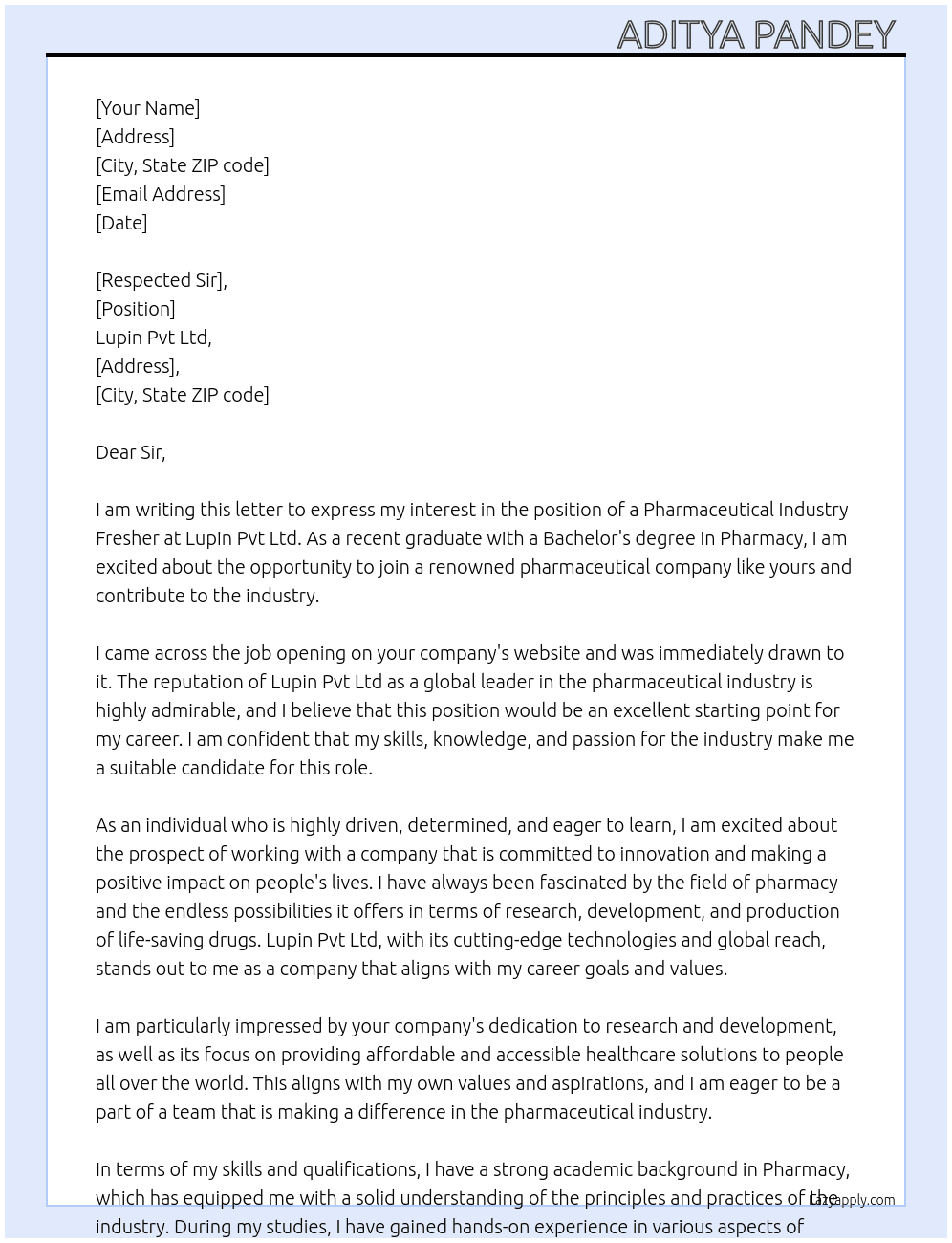 Pharmaceutical industry fresher At Lupin pvt ltd Cover Letter