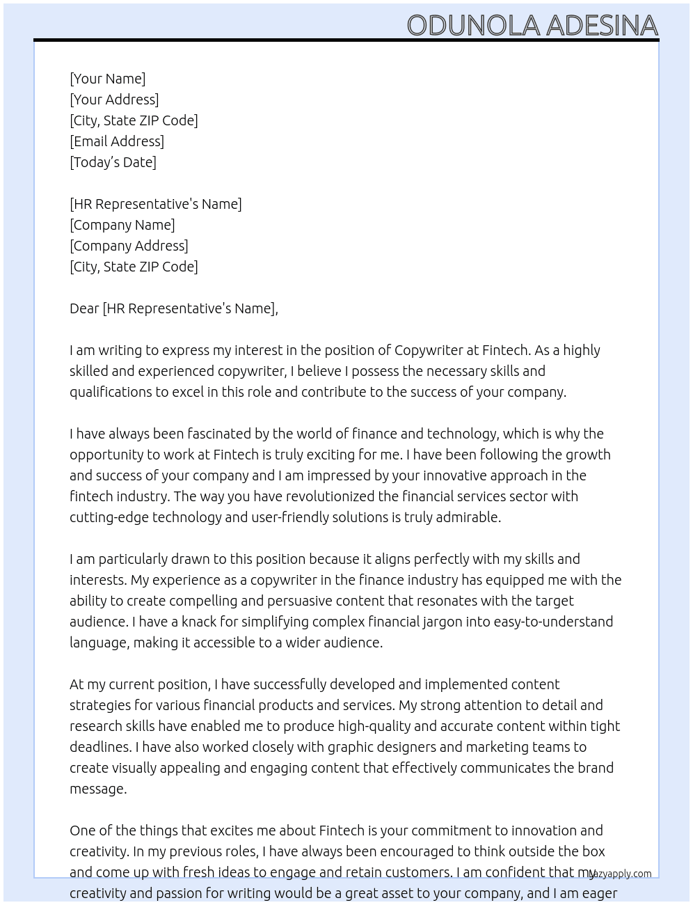 Copywriter  At Fintech Cover Letter