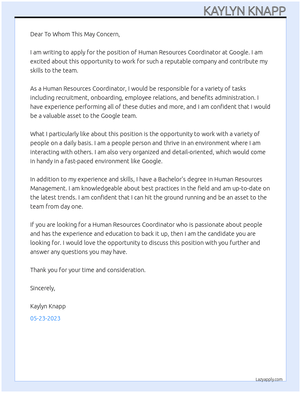 Human Resources Coordinator At Google Cover Letter