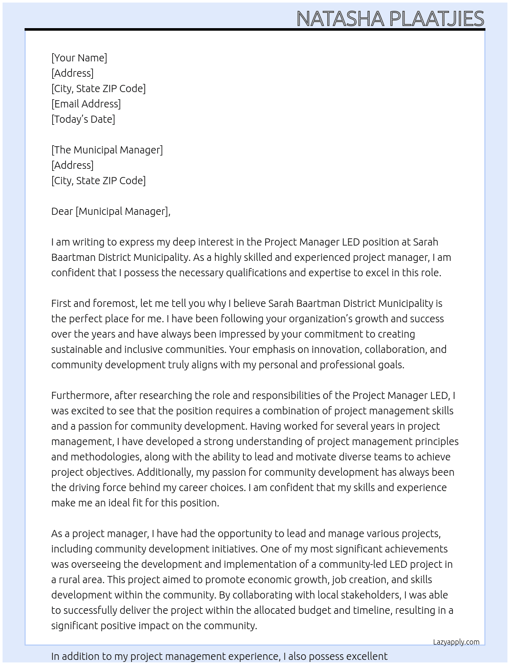 Project Manager LED At Sarah Baartman District Municipality Cover Letter