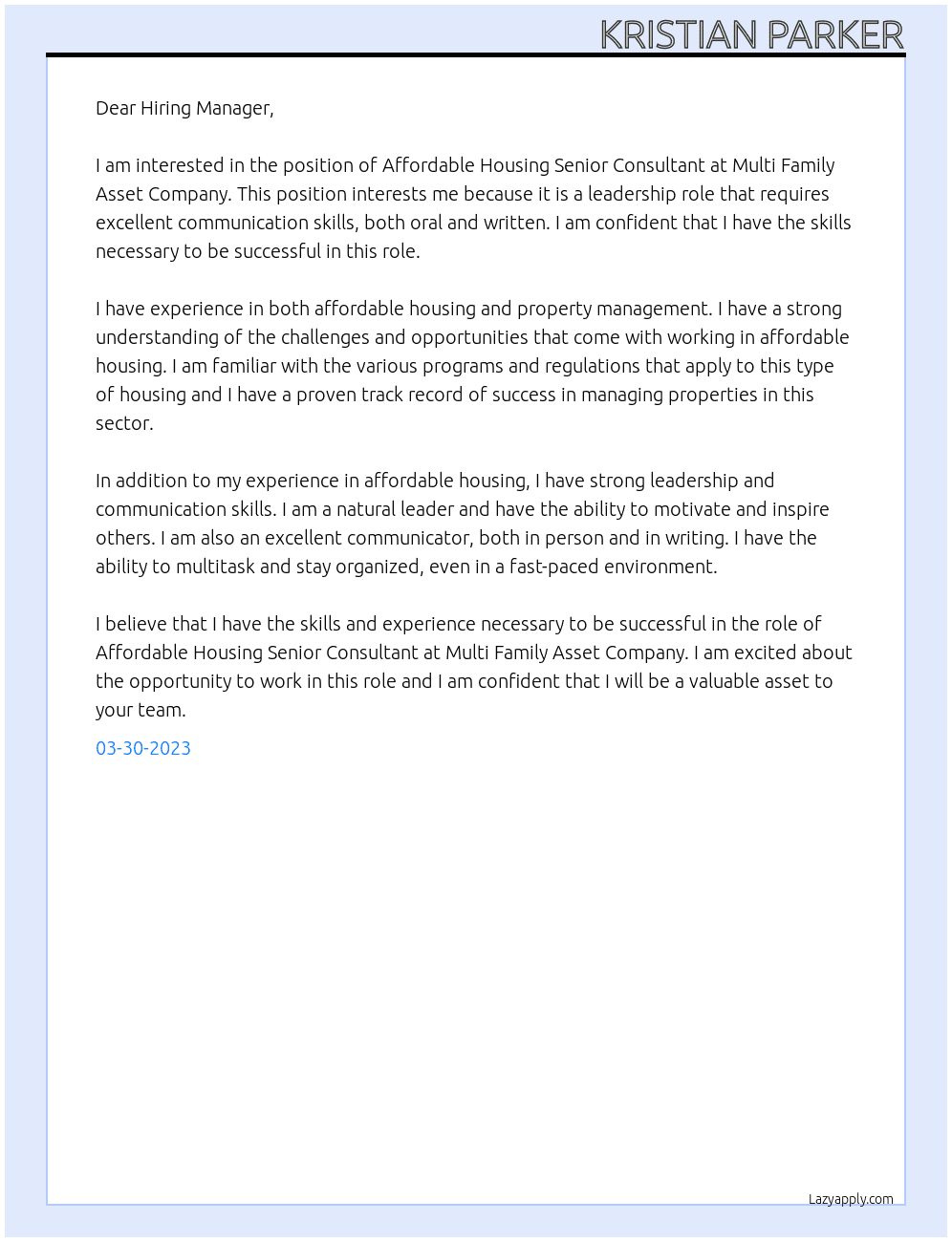 Affordable Housing Senior Consultant At Multi Family Asset Company Cover Letter